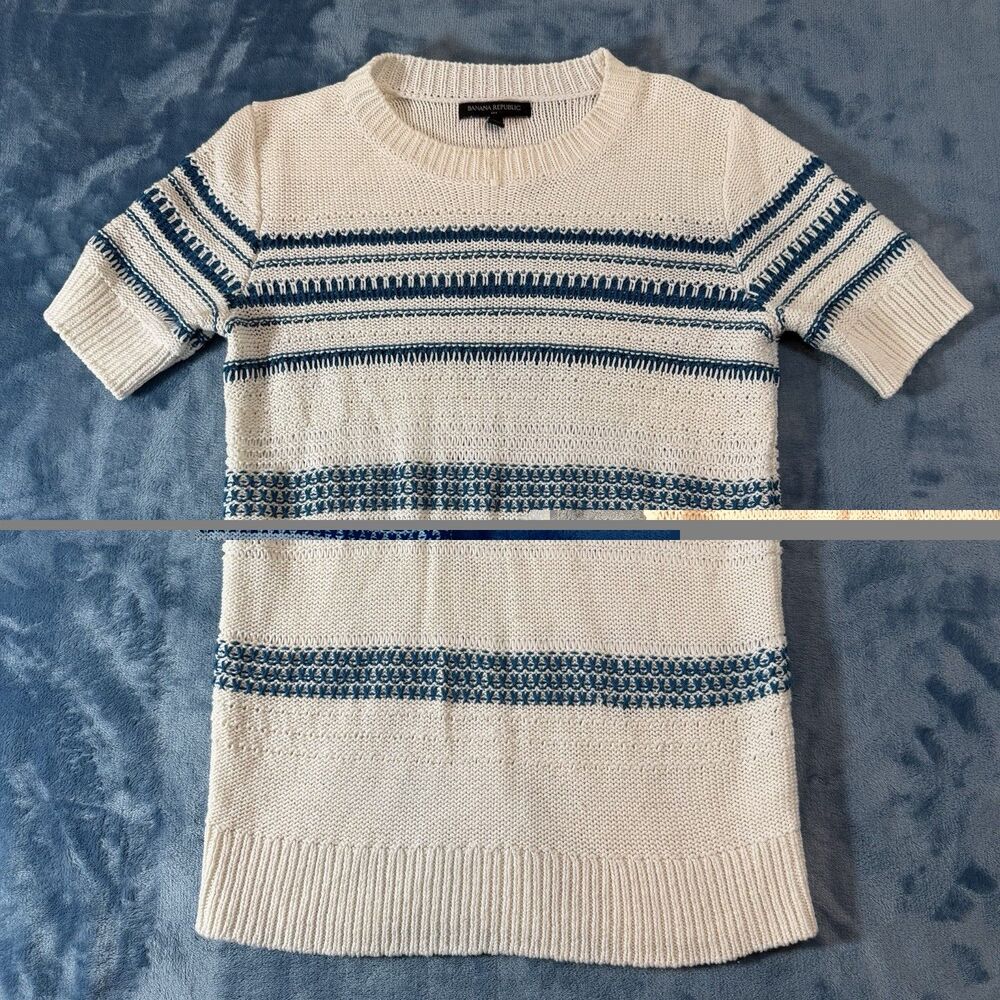 Banana Republic Womens M Knit Sweater Short Sleeve Cream Blue Stripe SPR 17 Crew